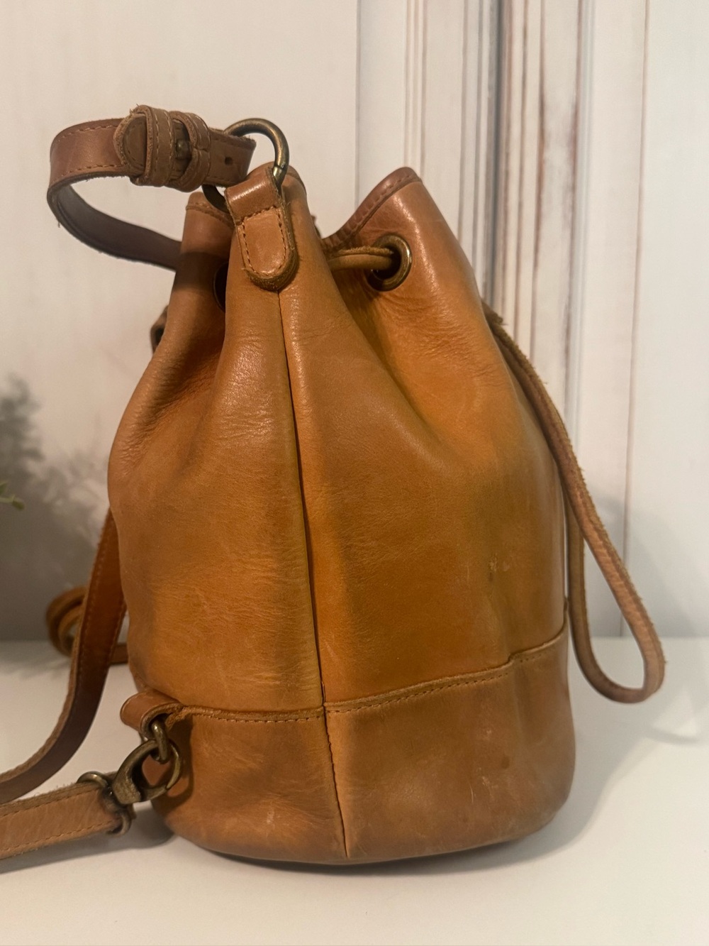Vintage BASEBALLISM Glove Leather Drawstring Bucket Bag Purse British Tan - Picture 8 of 10
